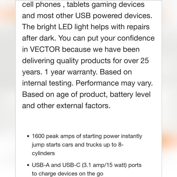 Vector 1600A LithiumvJump Starter USB Power Bank - Picture 15 of 16